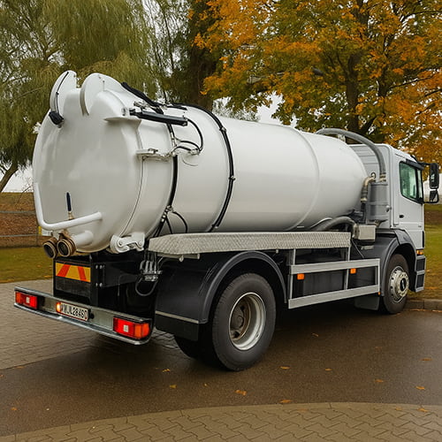 Elektryczny samochód asenizacyjny w jesiennym otoczeniu